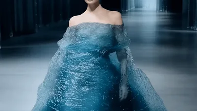 Model Wearing A Surreal Liquid Water Dress On Runway