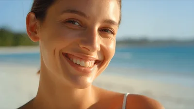 Smiling Young Woman Posing On Tropical Beach