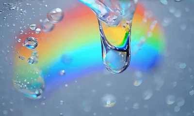 Water Droplets Falling Over A Vibrant Rainbow Background