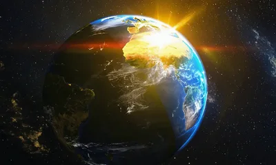 Earth Rotating In Space With Sunrise Over Africa