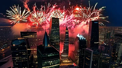 Aerial View Of Fireworks Display Over Chicago Skyline