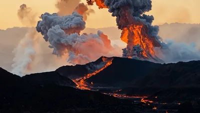Volcanic Eruption With Lava Flow And Ash Plumes
