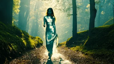 Ethereal Woman In Liquid Metal Dress Walking Through Enchanted Forest