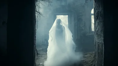 Ghostly Bride Walking Through Ruined Abandoned Building