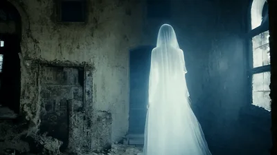 Ghostly Woman In White Dress Standing In Abandoned Room