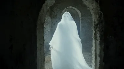 Ghostly Woman In White Dress Walking Through Abandoned Building