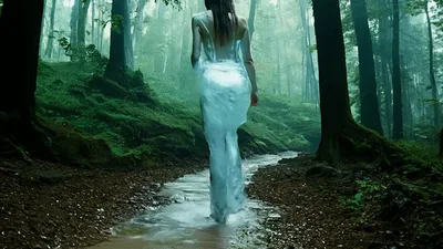 Ethereal Woman Walking Through A Misty Forest Stream