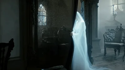 Ghostly Woman In White Dress Walking Through Antique Room