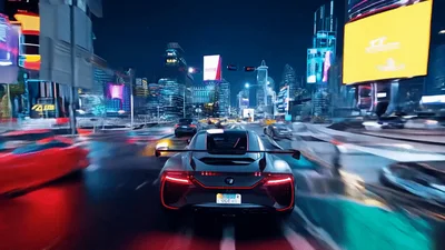 Futuristic Sports Car Driving Through Cyberpunk City Streets