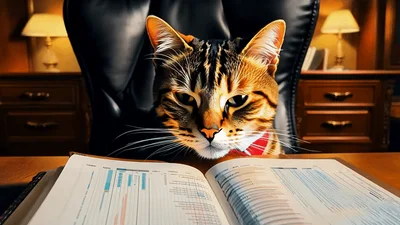 Professional Cat Executive Working At Office Desk