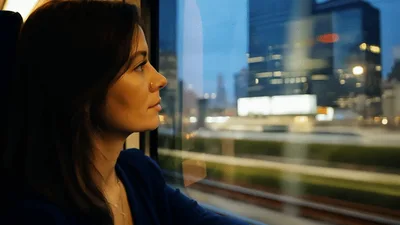Woman Looking Out Train Window During Evening Commute