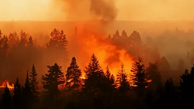 Intense Forest Fire Burning Through Dense Coniferous Trees