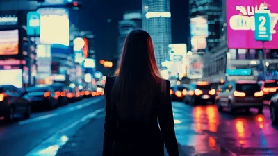 Woman Walking Down Busy City Street At Night