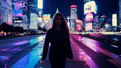 Young Woman Walking Through Neon Lit City Street