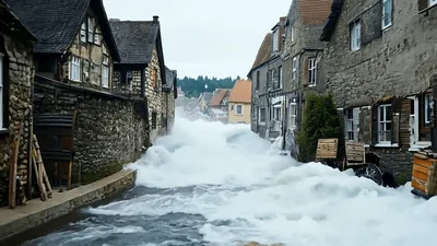 Massive Wave Flooding Narrow European Style Stone Street