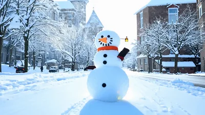 Snowman Waving Hand On A Snowy City Street