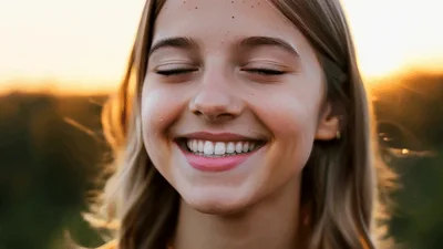 Young Blonde Girl Smiling Outdoors During Golden Hour