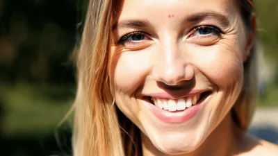 Close Up Portrait Of A Smiling Blonde Woman