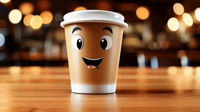 Animated Coffee Cup Character Winking On Wooden Table