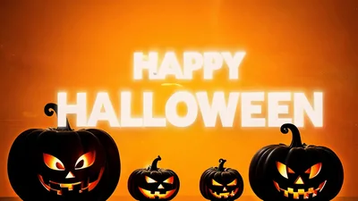 Four Glowing Jack O Lanterns With Happy Halloween Text