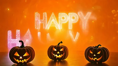 Three Glowing Jack O Lanterns With Happy Halloween Text
