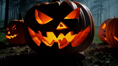 Glowing Jack O Lanterns In A Dark Misty Forest