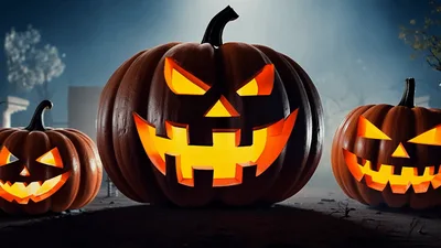 Three Glowing Jack O Lanterns In A Spooky Graveyard