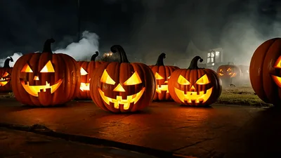 Glowing Jack O Lanterns With Fog In Night Setting