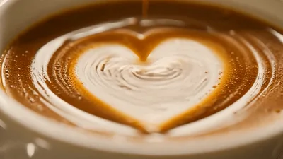 Creamy Milk Pouring Into Coffee Creating Heart Latte Art