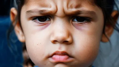 Close Up Portrait Of A Frowning Young Girl