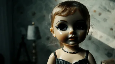 Creepy Vintage Doll With Large Eyes In Dim Room