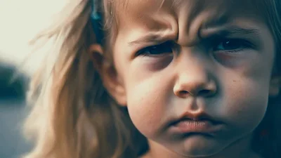 Close Up Portrait Of A Grumpy Little Girl