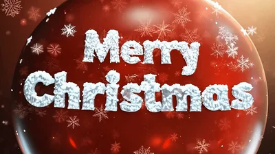 Merry Christmas Text On Red Ornament With Falling Snow