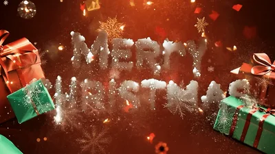Merry Christmas Text Appearing With Falling Snowflakes And Gifts