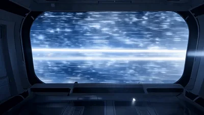 Spaceship Window View Traveling Through Hyperspace Tunnel