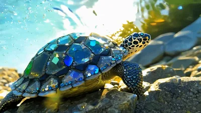 Jeweled Sea Turtle Resting On Underwater Rocks