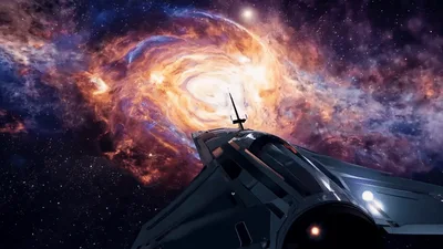 Futuristic Spaceship Flying Toward A Glowing Galactic Nebula