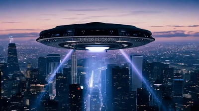 UFO Spaceship Hovering Over A Modern City Skyline