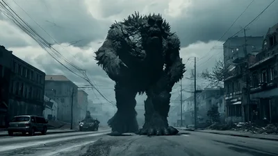 Giant Rock Monster Walking Through Destroyed City Street