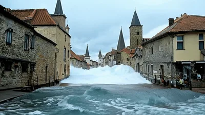 Surreal Flood Of White Foam In Medieval European Town