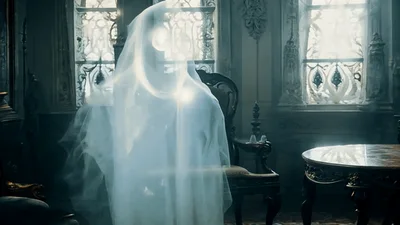 Ethereal Ghostly Figure Sitting In An Antique Room