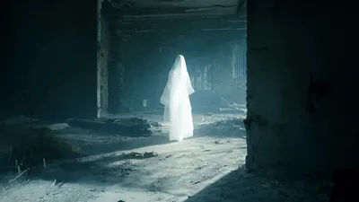 Ghostly Figure In White Veil Walking Through Ruined Building
