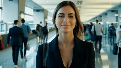 Professional Businesswoman Smiling While Walking Through Busy Airport Terminal