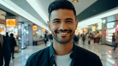 Young Man Smiling At Camera In Busy Shopping Mall