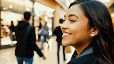 Smiling Young Woman Walking Through A Busy Shopping Mall