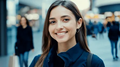 Young Woman Smiling At Camera In Busy Shopping Mall