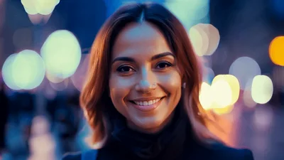 Young Woman Smiling On A Busy City Street