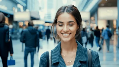 Young Woman Smiling In A Busy City Mall