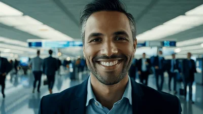 Professional Businessman Smiling In A Busy Airport Terminal