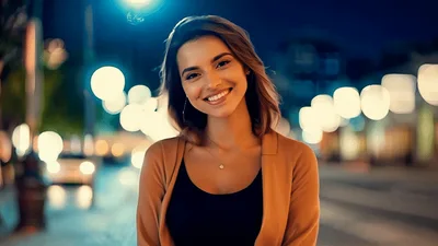 Young Woman Smiling At Camera On City Street At Night